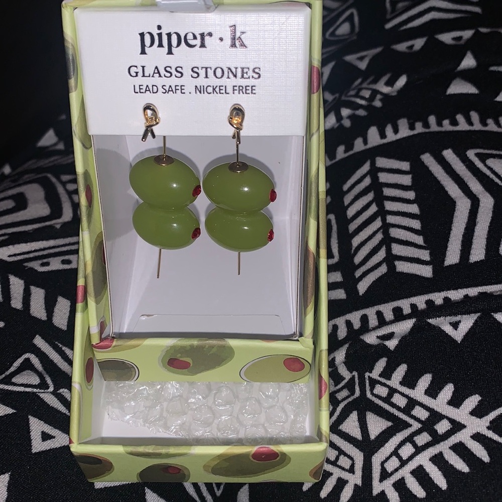 Piper K Viral Martini Olive Glass Stone Dangle Earrings